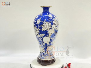 Mai bình men lam họa tiết Liên Niên Hữu Dư, vẽ vàng 24k, cao 38cm