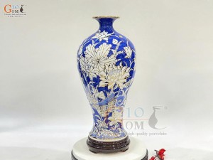 Mai bình men lam họa tiết Liên Niên Hữu Dư, vẽ vàng 24k, cao 38cm