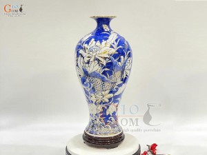 Mai bình men lam họa tiết Liên Niên Hữu Dư, vẽ vàng 24k, cao 38cm