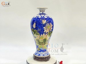 Mai bình men lam họa tiết Thuận Buồm Xuôi Gió & Liên Hoa Cát Tường, vẽ vàng 24k, cao 38cm