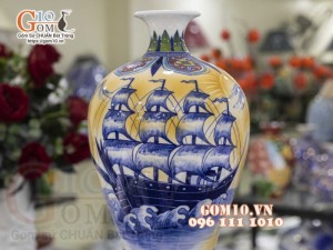 Mai bình men màu vẽ cảnh Thuận Buồm Xuôi Gió, cao 50cm