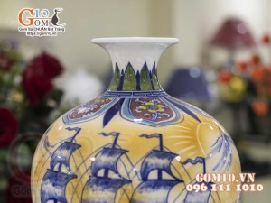 Mai bình men màu vẽ cảnh Thuận Buồm Xuôi Gió, cao 50cm
