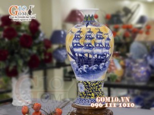 Mai bình men màu vẽ cảnh Thuận Buồm Xuôi Gió, cao 50cm