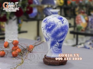 Mai bình men màu vẽ hoa Sen, nền xanh cao 35cm