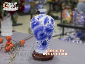 Mai bình men màu vẽ hoa Sen, nền xanh cao 35cm