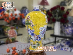 Mai bình men màu vẽ Sen Hạc Phú Quý, cao 50cm