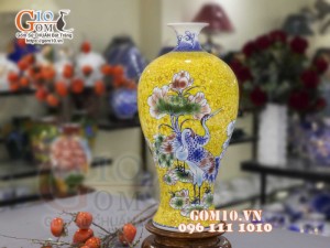 Mai bình men màu vẽ Sen Hạc Phú Quý, cao 50cm