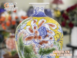 Mai bình men màu vẽ Sen Hạc Phú Quý, cao 50cm