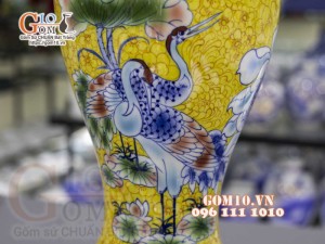 Mai bình men màu vẽ Sen Hạc Phú Quý, cao 50cm