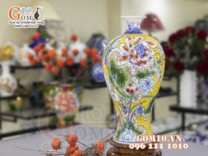 Mai bình men màu vẽ Sen Hạc Phú Quý, cao 50cm