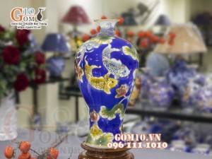 Mai bình men màu vẽ vàng 24k, cảnh Chép Sen Phú Quý, cao 50cm