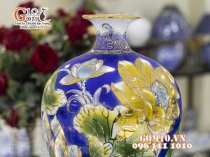 Mai bình men màu vẽ vàng 24k, cảnh Chép Sen Phú Quý, cao 50cm