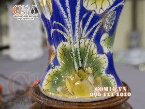 Mai bình men màu vẽ vàng 24k, cảnh Chép Sen Phú Quý, cao 50cm