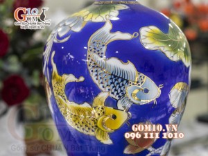 Mai bình men màu vẽ vàng 24k, cảnh Chép Sen Phú Quý, cao 50cm