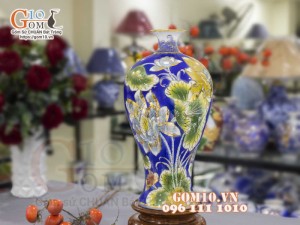 Mai bình men màu vẽ vàng 24k, cảnh Chép Sen Phú Quý, cao 50cm