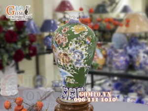 Mai bình men màu vẽ vàng 24k, cảnh Công Đào Phú Quý, cao 50cm