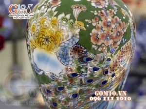 Mai bình men màu vẽ vàng 24k, cảnh Công Đào Phú Quý, cao 50cm