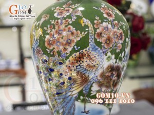 Mai bình men màu vẽ vàng 24k, cảnh Công Đào Phú Quý, cao 50cm