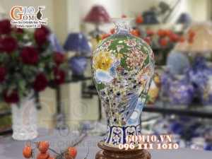 Mai bình men màu vẽ vàng 24k, cảnh Công Đào Phú Quý, cao 50cm