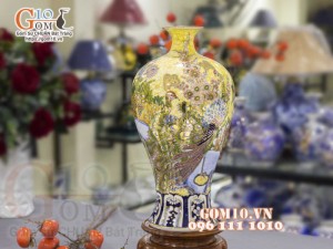 Mai bình men màu vẽ vàng 24k, cảnh Công Đào Phú Quý, nền vàng cao 50cm