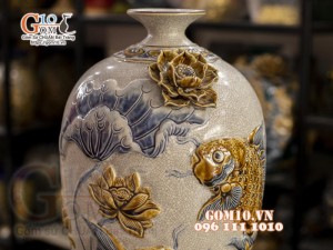Mai bình men rạn đắp nổi Cá chép Hoa Sen, cao 52cm