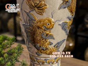 Mai bình men rạn đắp nổi Cá chép Hoa Sen, cao 52cm