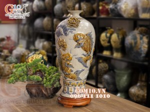 Mai bình men rạn đắp nổi Cá chép Hoa Sen, cao 52cm