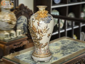 Mai bình men rạn đắp nổi Công Đào Phú Quý vẽ vàng 24k, cao 52cm