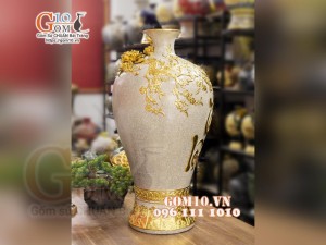 Mai bình men rạn, đắp nổi dát vàng Thuận buồm Xuôi gió - Tài Lộc, cao 80cm