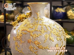 Mai bình men rạn, đắp nổi dát vàng Thuận buồm Xuôi gió - Tài Lộc, cao 80cm