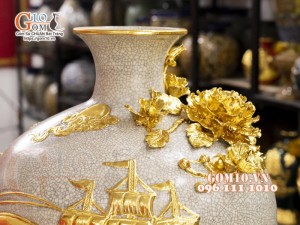 Mai bình men rạn, đắp nổi dát vàng Thuận buồm Xuôi gió - Tài Lộc, cao 80cm