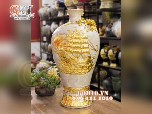 Mai bình men rạn, đắp nổi dát vàng Thuận buồm Xuôi gió - Tài Lộc, cao 80cm