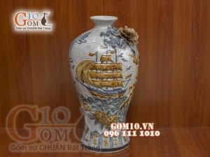 Mai bình men rạn đắp nổi Thuận Buồm Xuôi Gió, cao 55cm