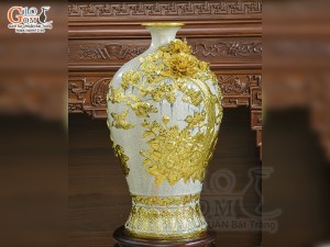Mai bình men rạn đắp nổi Thuận Buồm Xuôi Gió dát vàng, cao 80cm