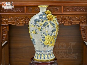 Mai bình men rạn đắp nổi Thuận Buồm Xuôi Gió dát vàng điểm, cao 80cm