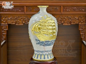 Mai bình men rạn đắp nổi Thuận Buồm Xuôi Gió dát vàng điểm, cao 80cm