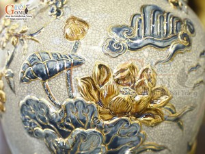 Mai bình men rạn đắp nổi Thuận Buồm Xuôi Gió vẽ vàng 24k, cao 40cm