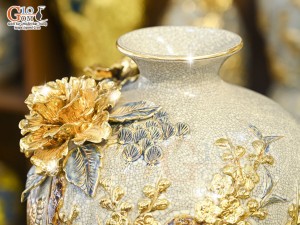 Mai bình men rạn đắp nổi Thuận Buồm Xuôi Gió vẽ vàng 24k, cao 58cm