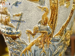 Mai bình men rạn đắp nổi Thuận Buồm Xuôi Gió vẽ vàng 24k, cao 58cm