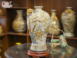 Mai bình men rạn đắp nổi Thuận Buồm Xuôi Gió vẽ vàng 24k, cao 58cm