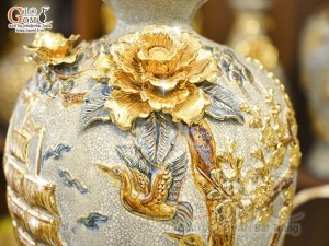 Mai bình men rạn đắp nổi Thuận Buồm Xuôi Gió vẽ vàng 24k, cao 58cm