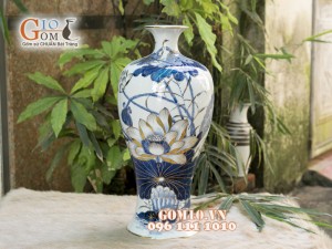 Mai bình men lam cổ cảnh Hoa Sen Vẽ Vàng 24k, cao 42cm