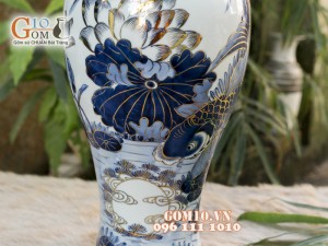 Mai bình men rong cổ cảnh Lý Ngư Vọng Nguyệt 42cm - Vẽ Vàng 24k