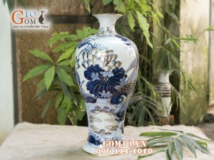 Mai bình men rong cổ cảnh Lý Ngư Vọng Nguyệt 42cm - Vẽ Vàng 24k