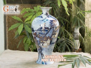 Mai bình men rong cổ cảnh Sơn Thủy 36cm - Vẽ Vàng 24k