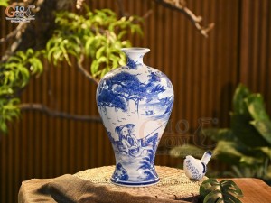 Mai bình men trắng vẽ Lã Vọng câu cá, cao 36cm