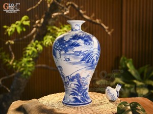 Mai bình men trắng vẽ Lã Vọng câu cá, cao 36cm