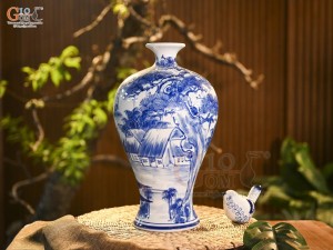 Mai bình men trắng vẽ làng quê, cao 36cm