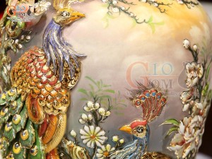 Mai bình men vân mây đắp nổi Công Đào màu nâu loang vẽ vàng 24k, cao 55cm