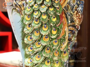 Mai bình men vân mây đắp nổi Công Đào màu nâu loang vẽ vàng 24k, cao 55cm